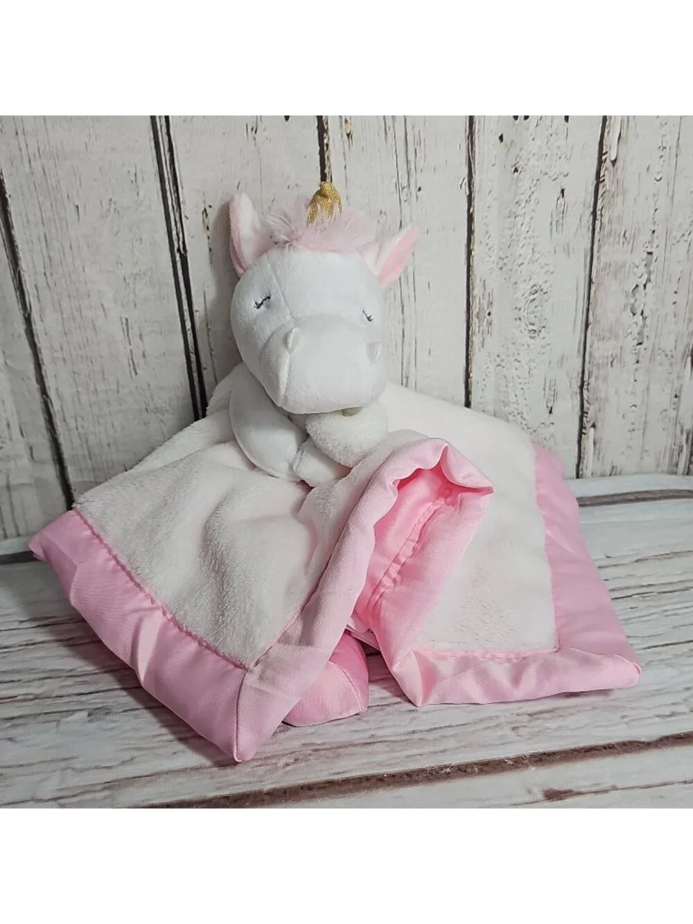 Carters White Unicorn Plush Pink Satin Trim Security Blanket Lovey Gold Horn